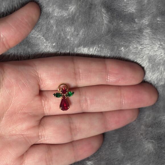 Vtg Ruby Red Emerald Green Faceted Rhinestone Christmas Angel Gold Lapel Pin - Picture 3 of 8
